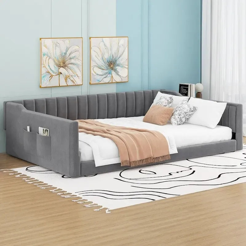 Canapé-lit Full XL une place en velours rayé vertical beige/gris avec pochette de rangement latérale