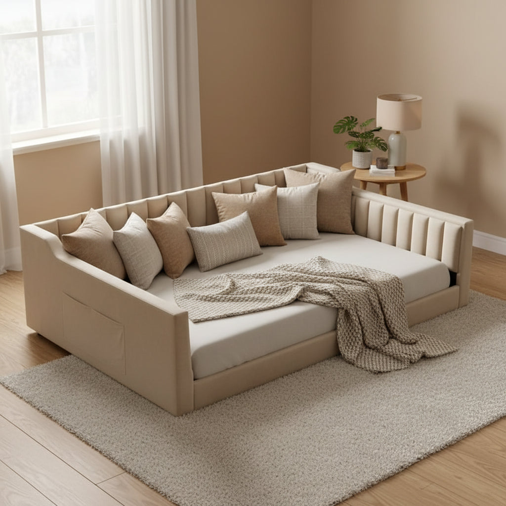 Canapé-lit Full XL une place en velours rayé vertical beige/gris avec pochette de rangement latérale