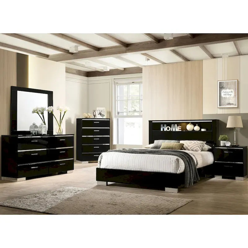 Lit moderne en panneaux de bois noir avec LED