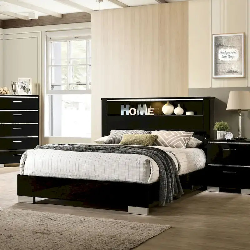Lit moderne en panneaux de bois noir avec LED