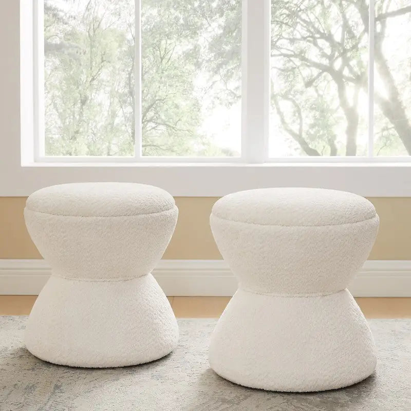 Ottoman rembourré en tissu bouclé, Pouf, Tabouret de coiffeuse pour salon, dressing (lot de 2)