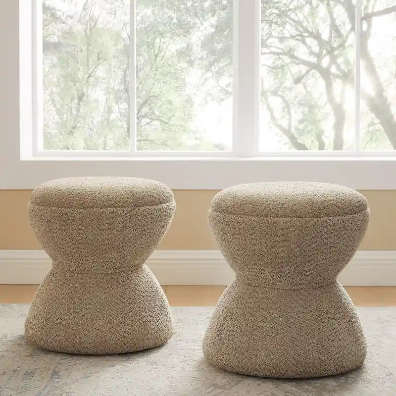 Ottoman rembourré en tissu bouclé, Pouf, Tabouret de coiffeuse pour salon, dressing (lot de 2)