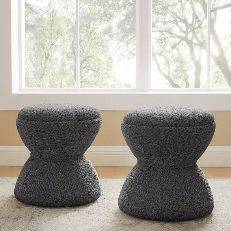 Ottoman rembourré en tissu bouclé, Pouf, Tabouret de coiffeuse pour salon, dressing (lot de 2)