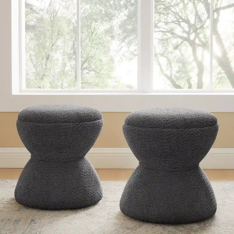 Ottoman rembourré en tissu bouclé, Pouf, Tabouret de coiffeuse pour salon, dressing (lot de 2)