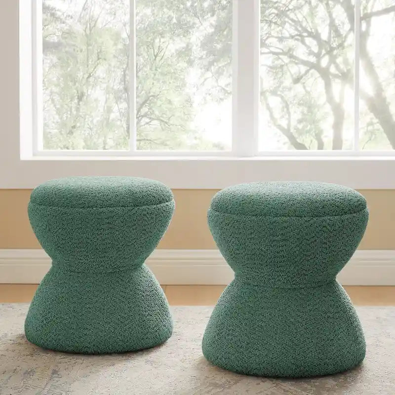 Ottoman rembourré en tissu bouclé, Pouf, Tabouret de coiffeuse pour salon, dressing (lot de 2)