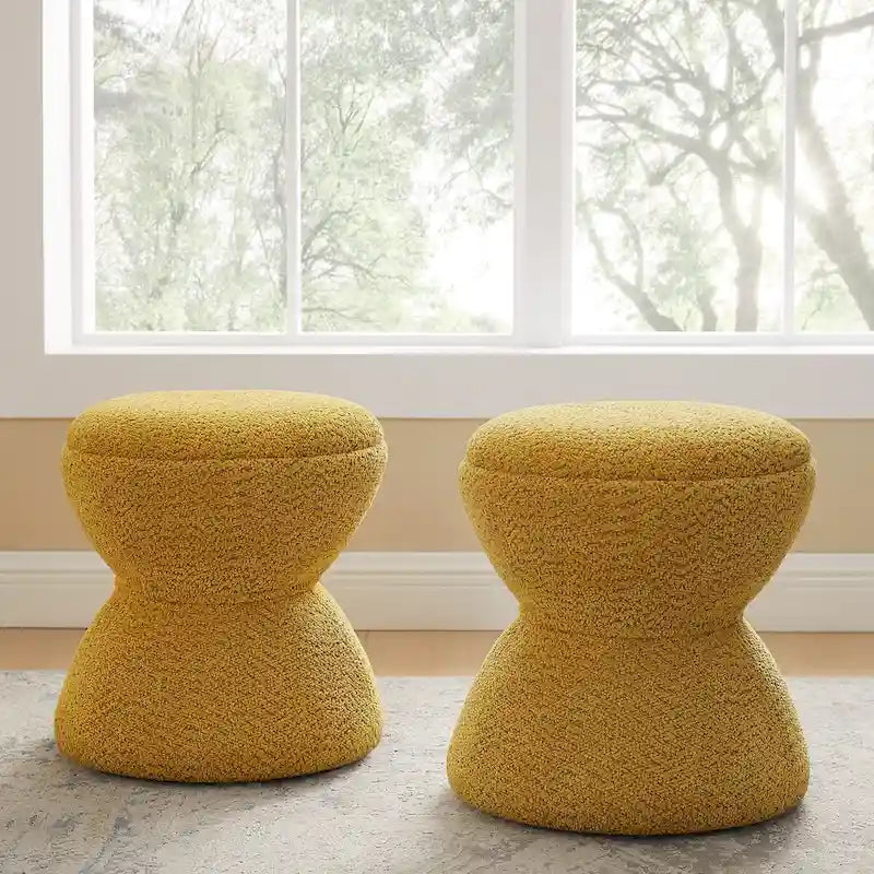 Ottoman rembourré en tissu bouclé, Pouf, Tabouret de coiffeuse pour salon, dressing (lot de 2)