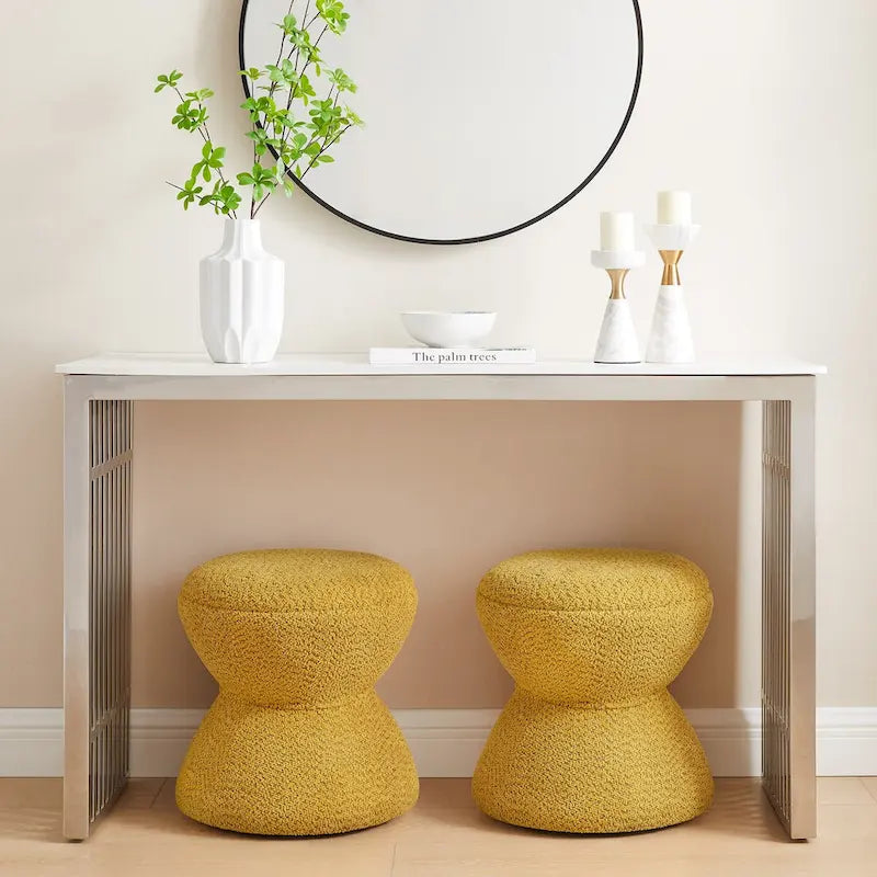 Ottoman rembourré en tissu bouclé, Pouf, Tabouret de coiffeuse pour salon, dressing (lot de 2)