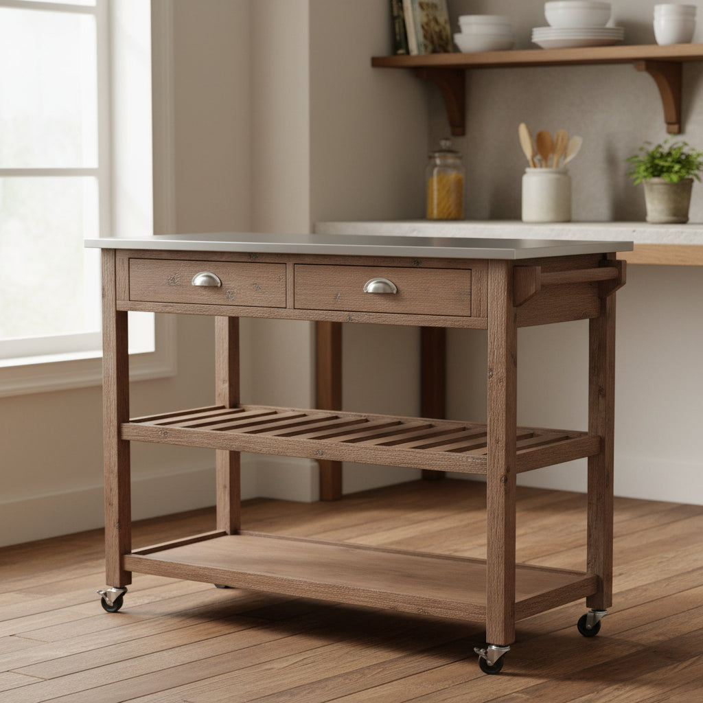 2 Drawers Wooden Kitchen Cart with Metal Top and Casters, Gray and Brown