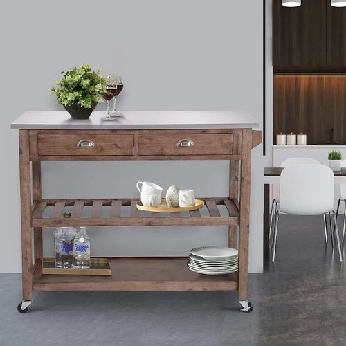 Chariot de cuisine en bois à 2 tiroirs avec plateau en métal et roulettes, gris et marron